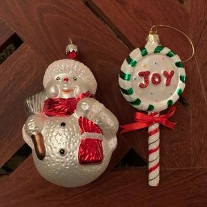 Blown Glass snowman ornament & Joy Candy Cane Ornament